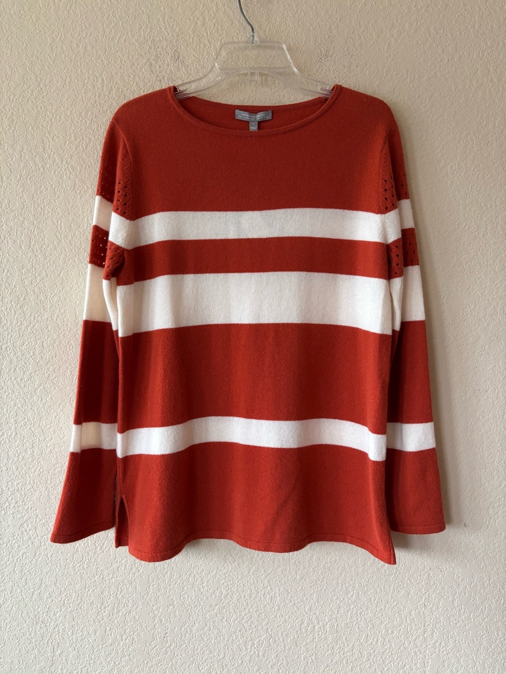 Neiman Marcus Cashmere Collection 100%Cashmere Striped Crewneck NWT Rust White L